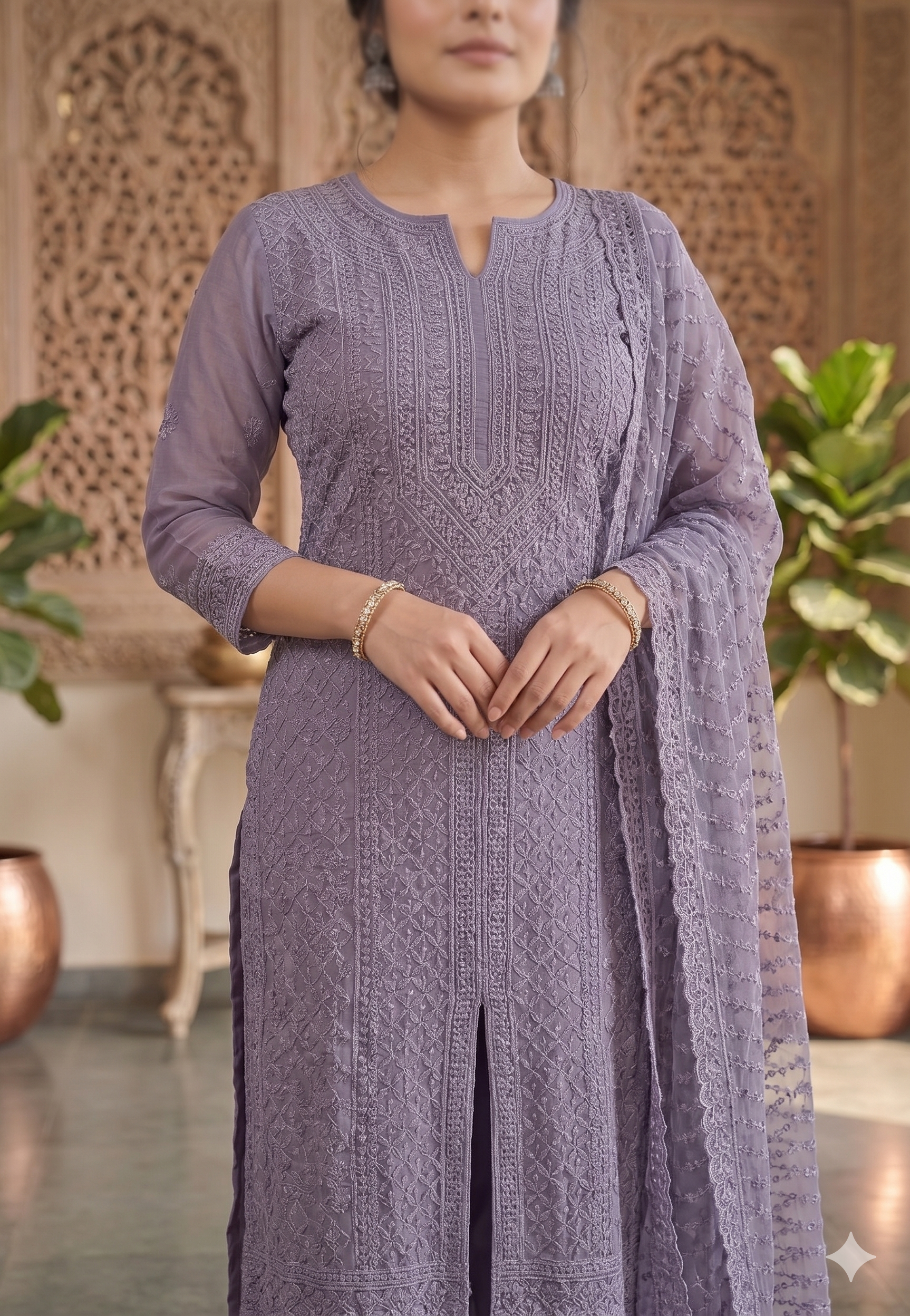 Plum Heavy Chikankari Embroidered Soft Georgette Suit Set_092