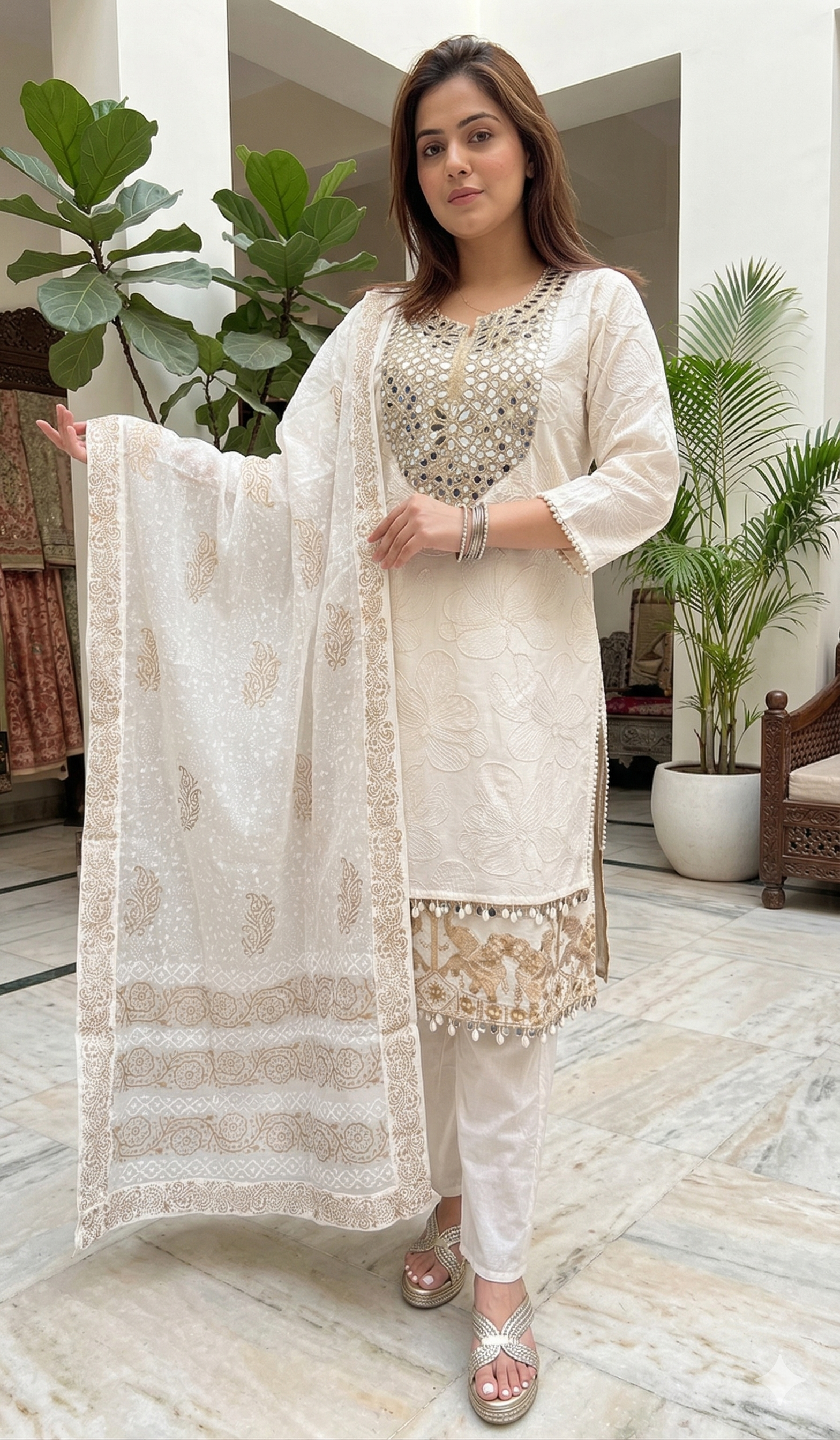 White and Golden double layered embroidered Suit_086