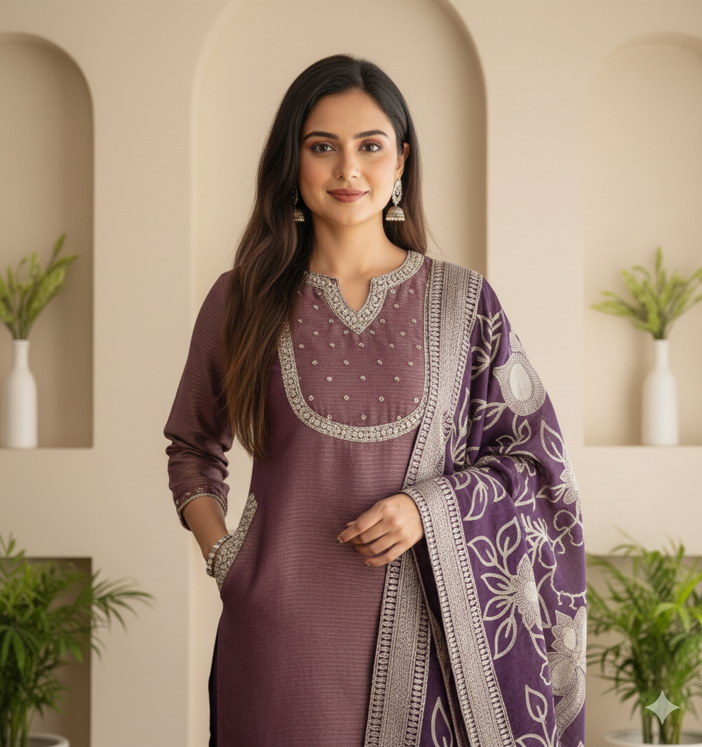 Purple Shimmer Tissue Partywear Suit Set with Handwork & Banarasi Dupatta_062