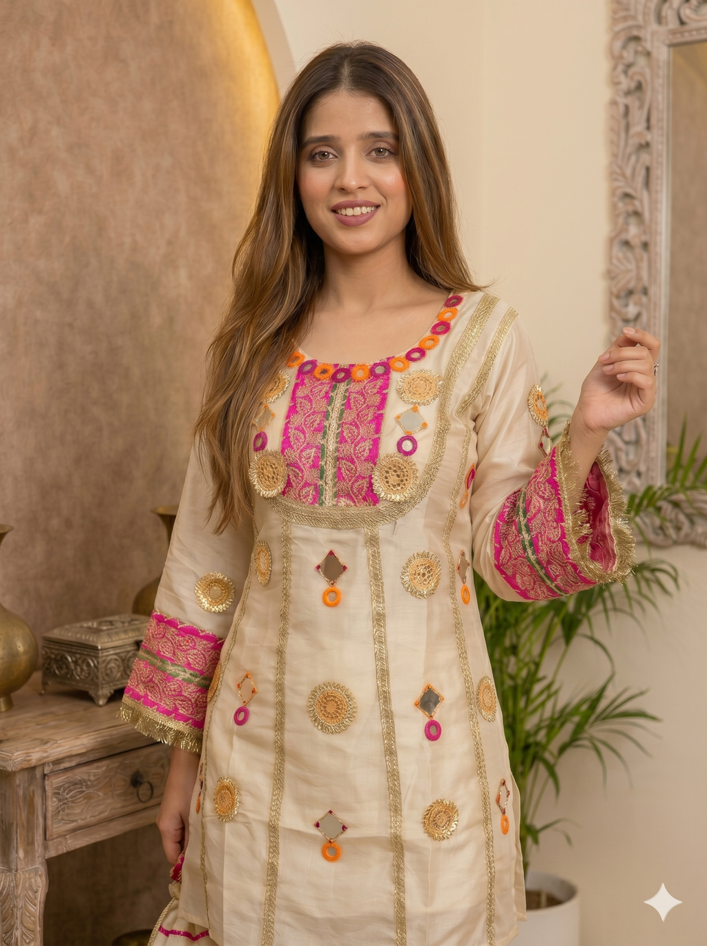 Cream colour Premium Tissue Silk Gotta Coord set with Potli_105