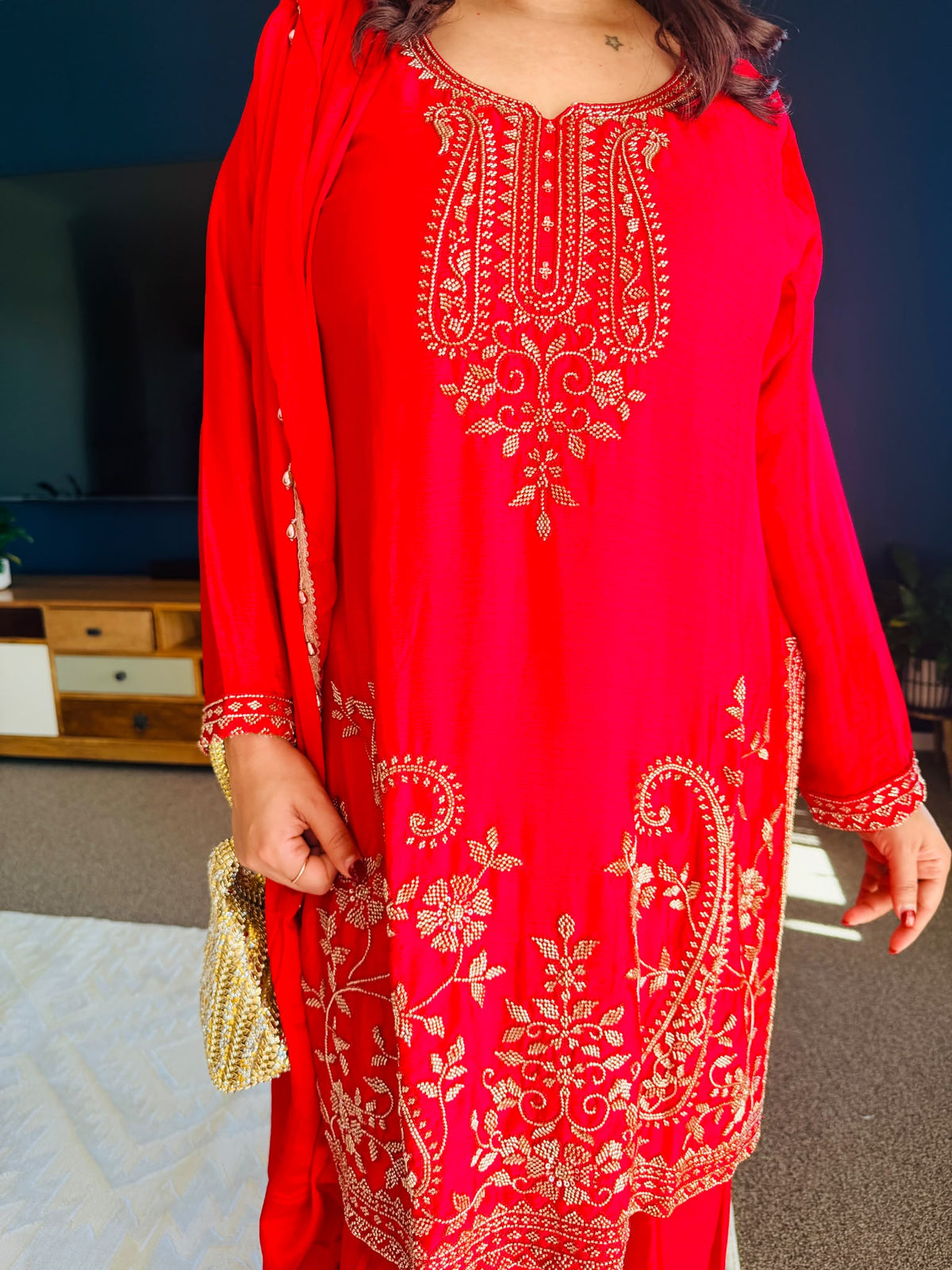 Red Chinnon Embroidered Suit Set _172