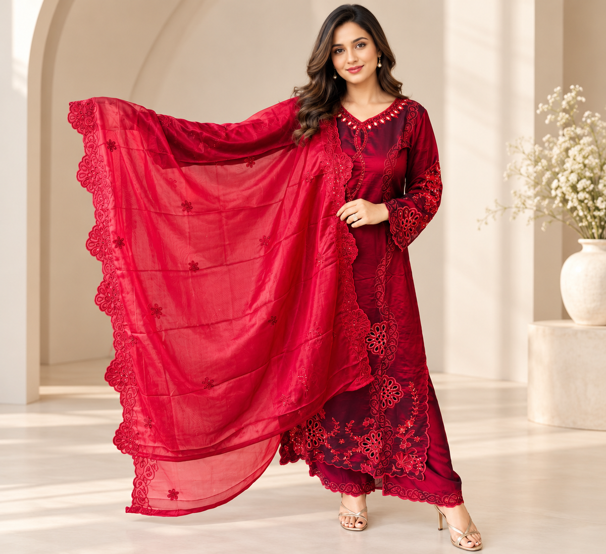 Maroon Sheesha Silk Pakistani Embroidered Suit Set_176