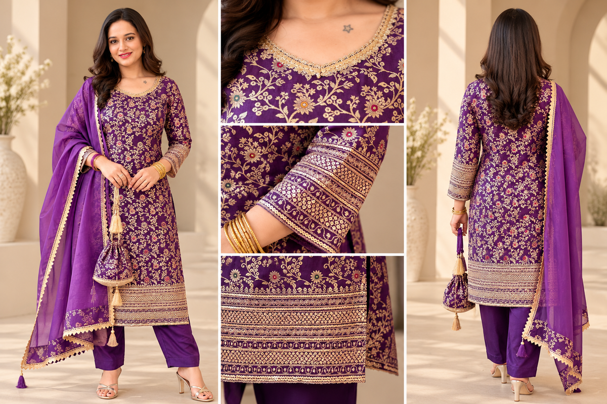 Purple Silk Brocade Embroidered Suit Set with Potli_179