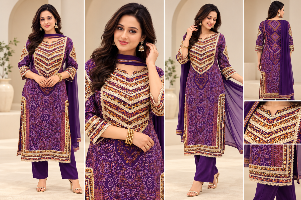 Elegant Purple Bandhani Suit with Golden Embroidery _170