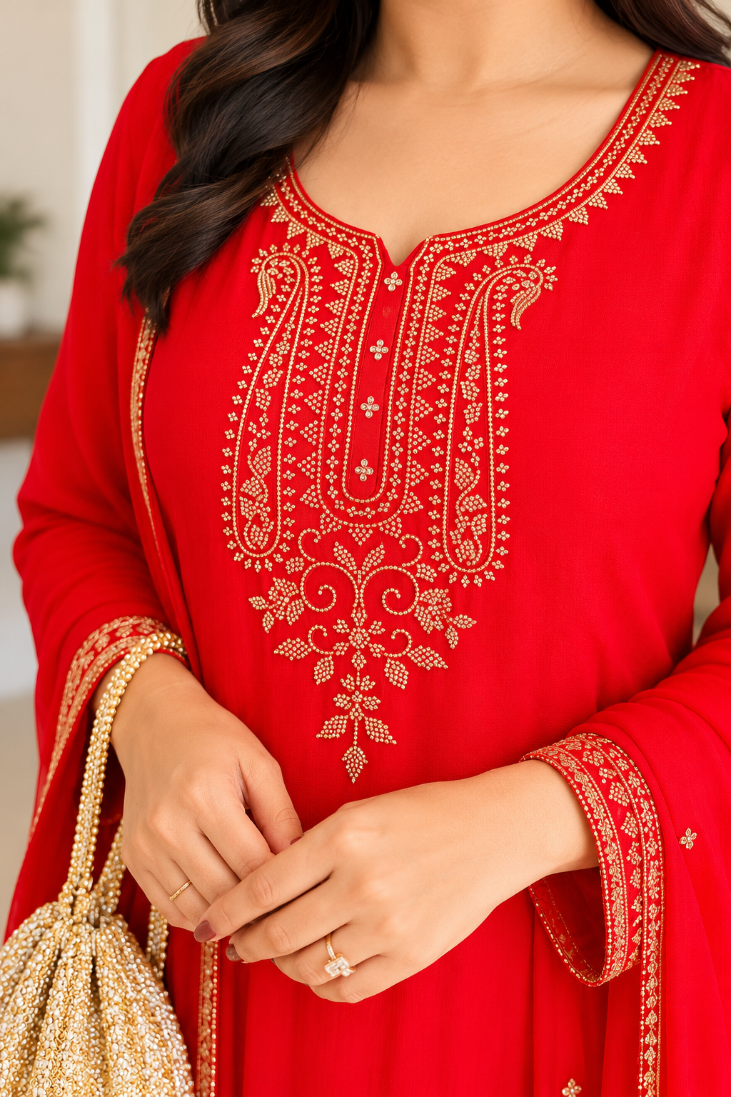 Red Chinnon Embroidered Suit Set _172