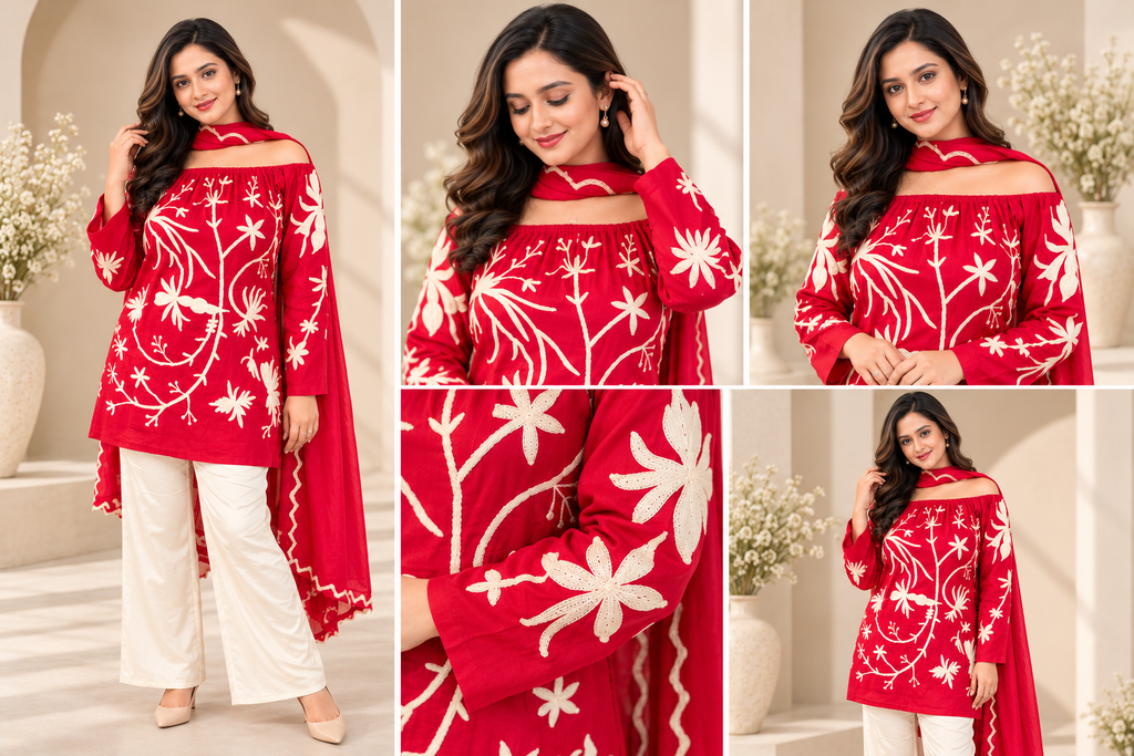 Red Pure Crepe Hand‑Embroidered Off‑Shoulder Suit Set_177