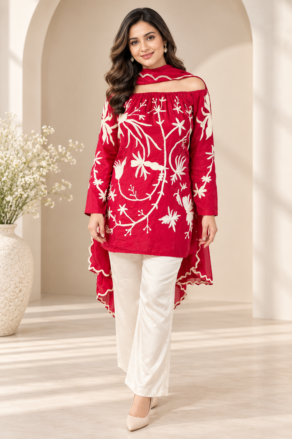 Red Pure Crepe Hand‑Embroidered Off‑Shoulder Suit Set_177
