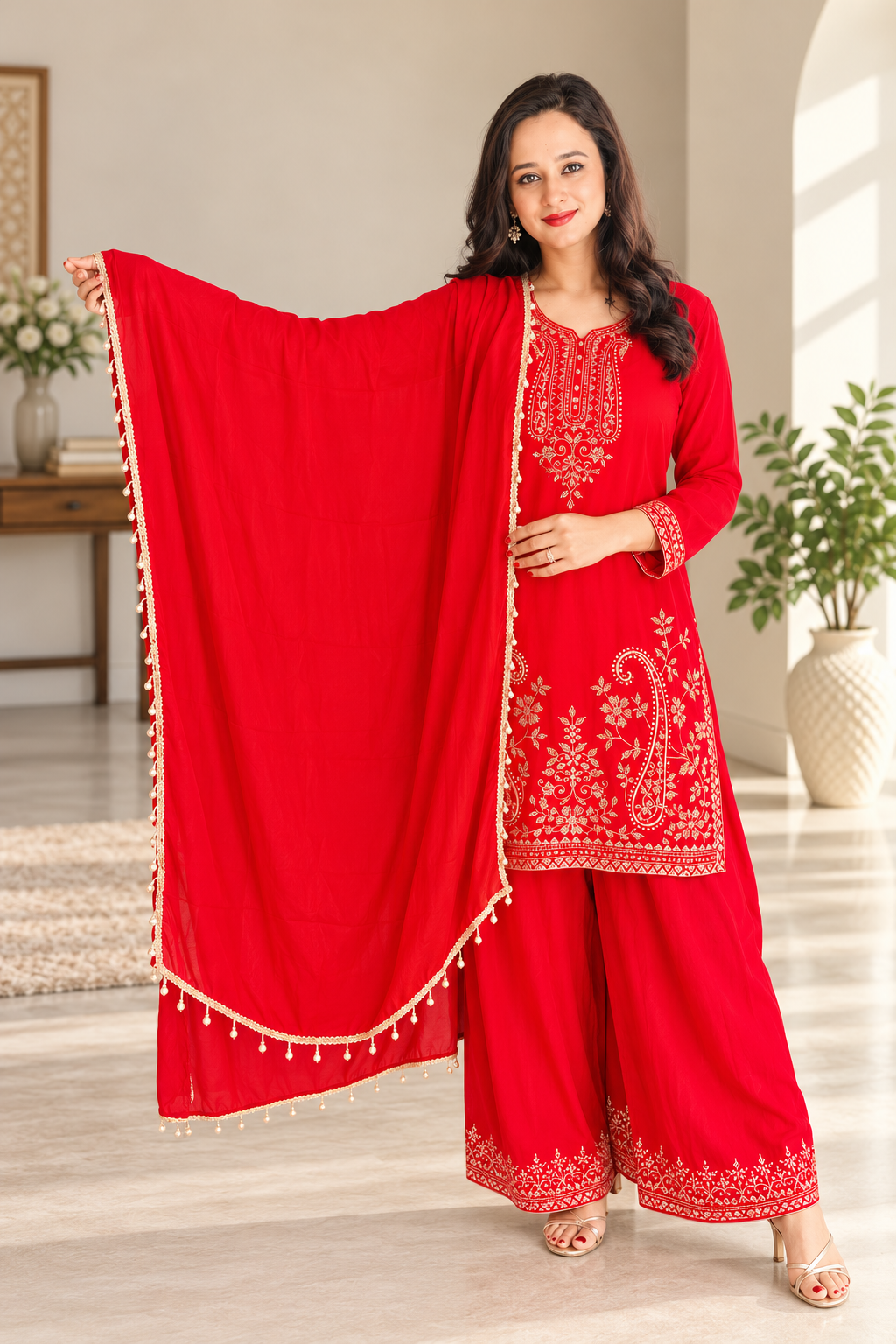 Red Chinnon Embroidered Suit Set _172