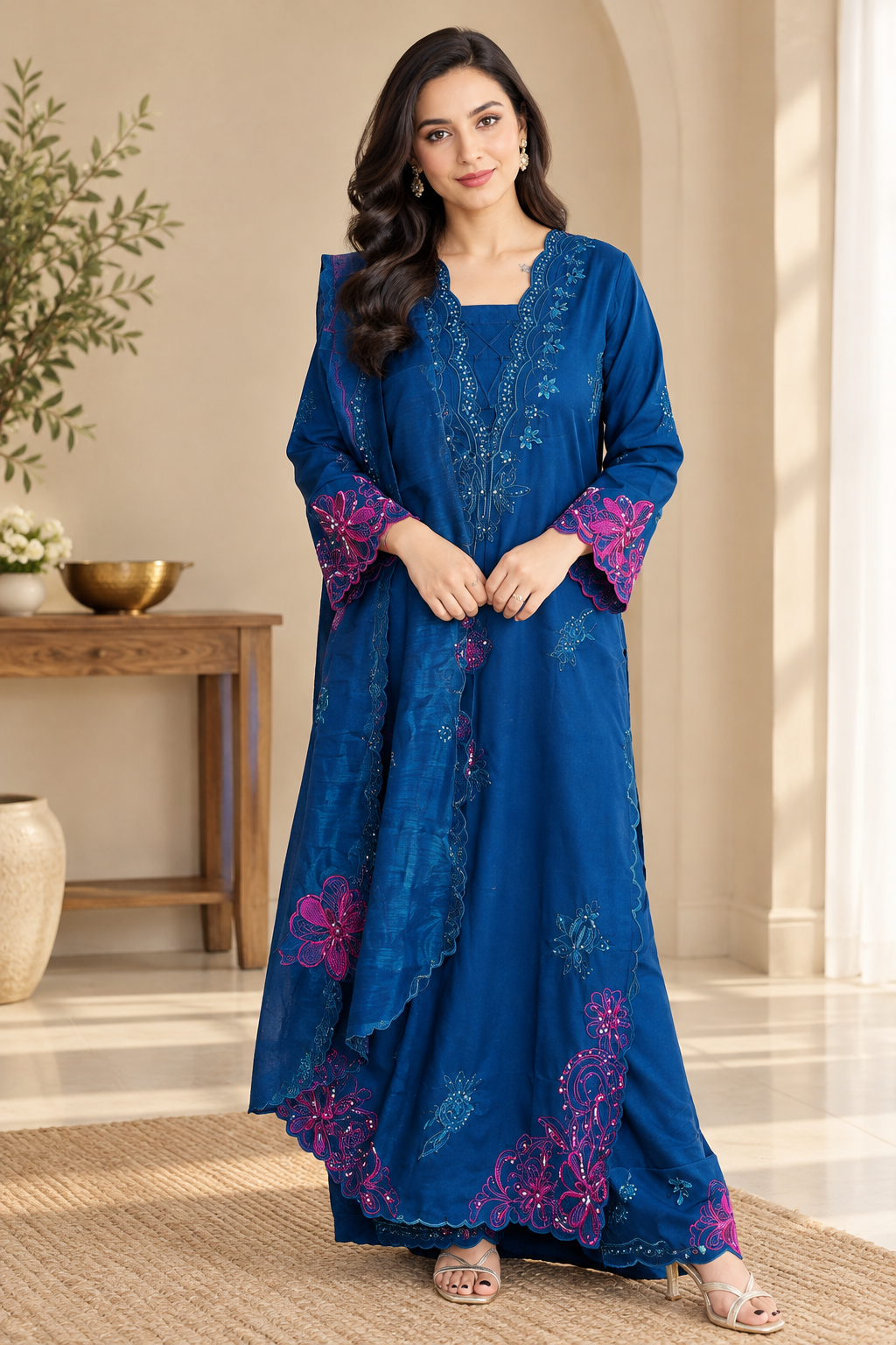 Blue Sheesha Silk Pakistani Embroidered Suit Set_175