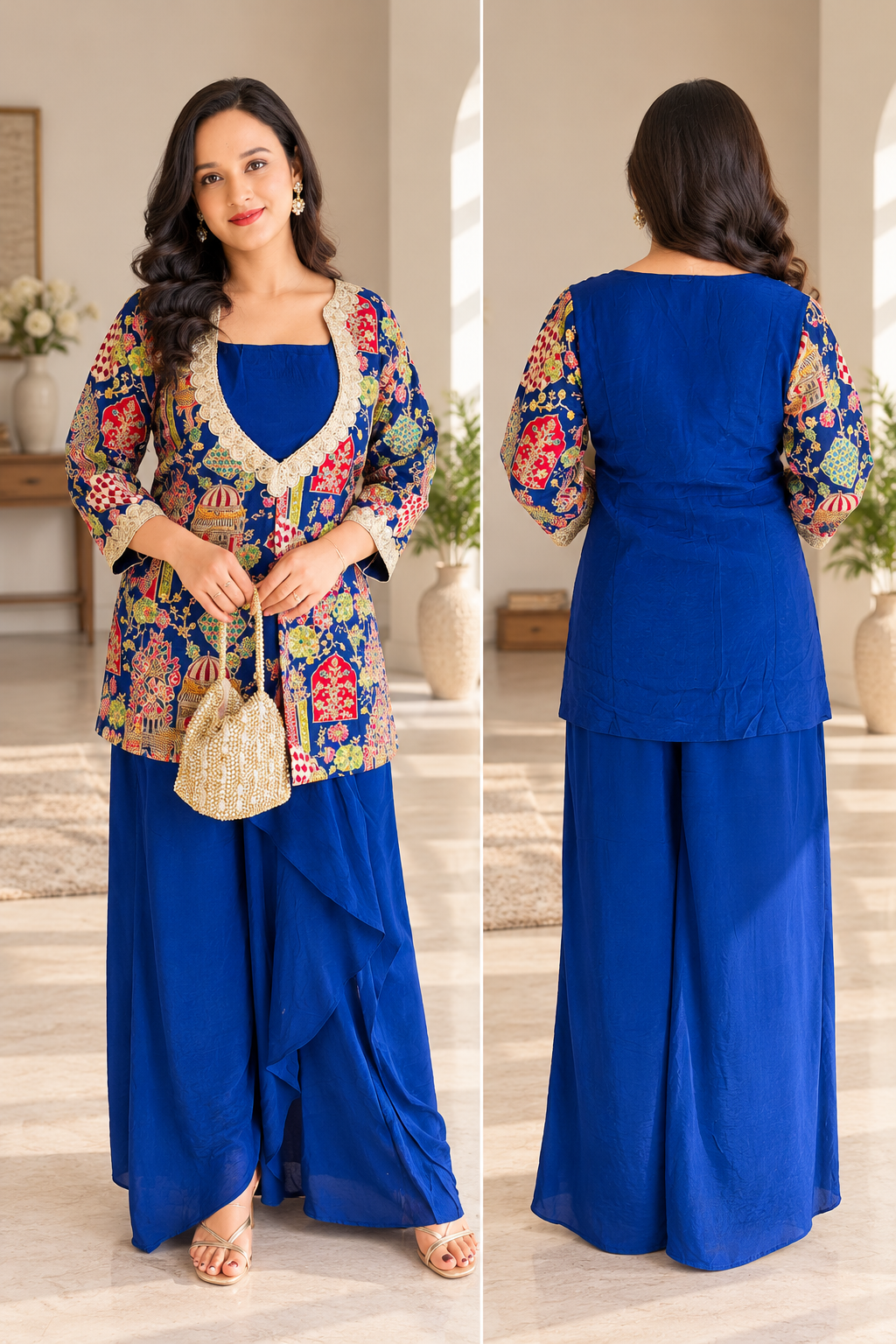 Royal Blue Pure Crepe Embroidered Dhoti Set _173