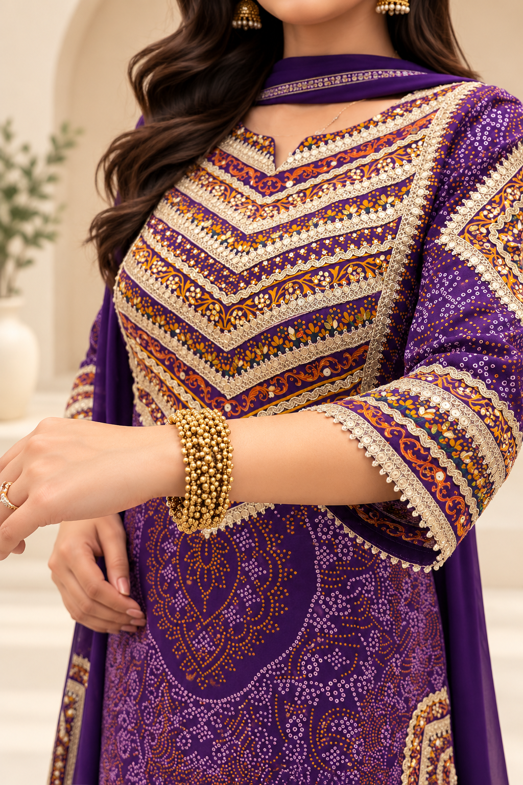Elegant Purple Bandhani Suit with Golden Embroidery _170