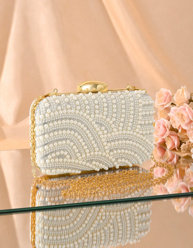 White and Gold Elegant Pearl Clutch Bag_080