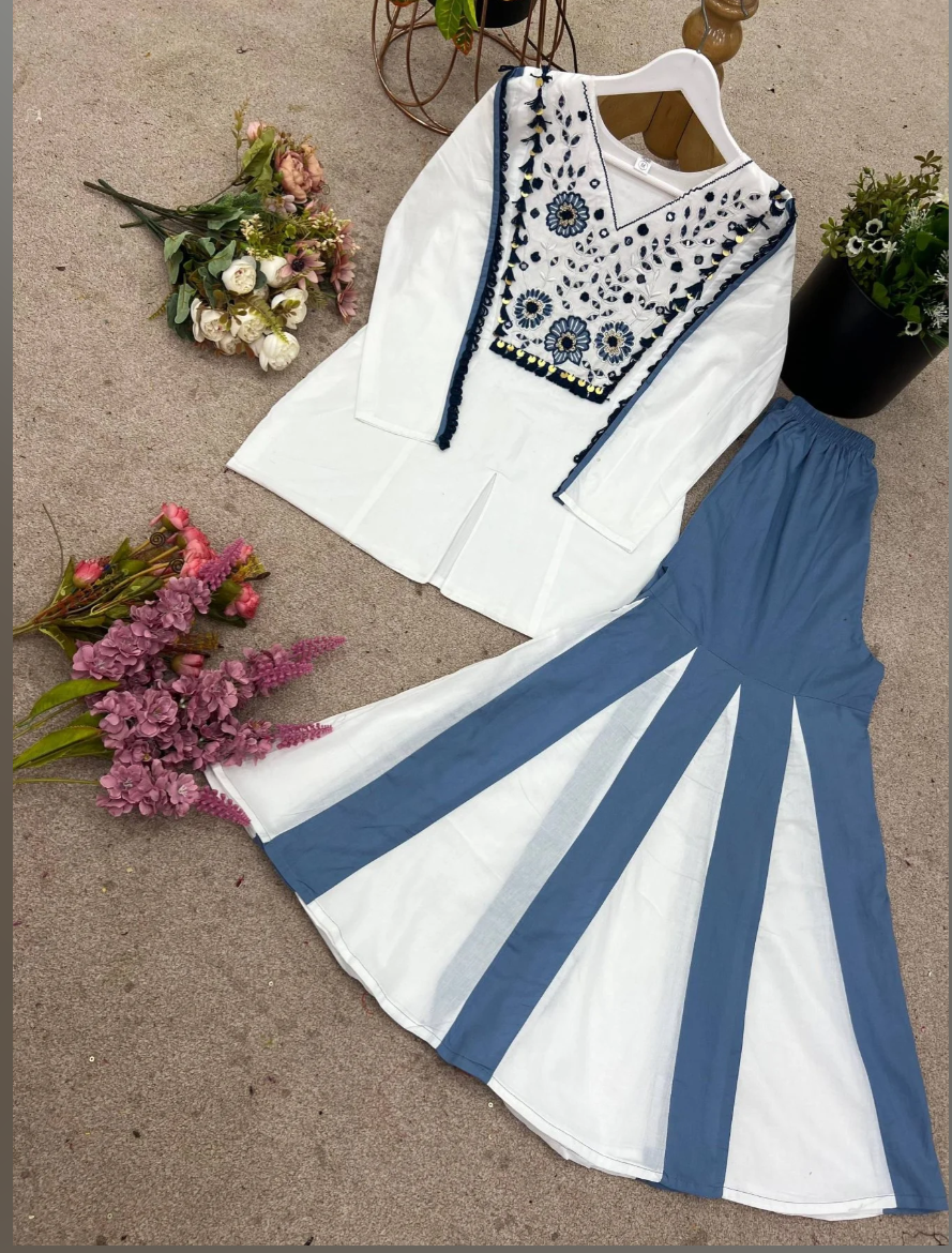 Blue and white Pure Roman Silk Co‑ord Set with Hand Embroidery & Mirror Work_045