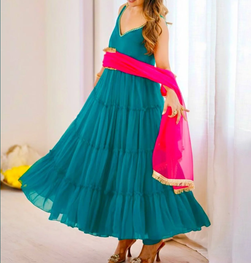Teal Flair Georgette Chiffon Gown with Pink Golden Lace Dupatta Crepe Pant _049
