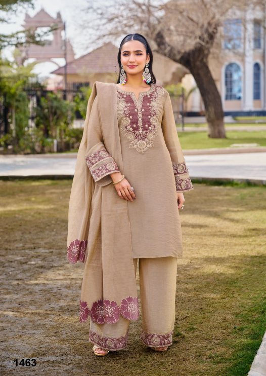 Brown (Chiku) Premium Tissue Crush Suit Set with Heavy Zari Work_063