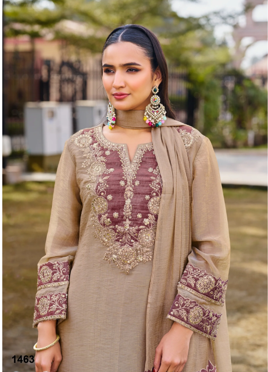 Brown (Chiku) Premium Tissue Crush Suit Set with Heavy Zari Work_063