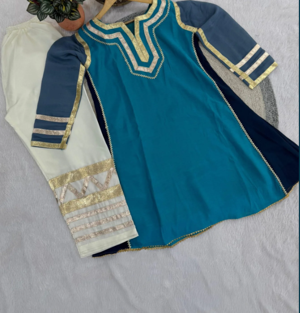 Blue Chanderi Co Ord Kurti Set with Gopatti Lace Work_099