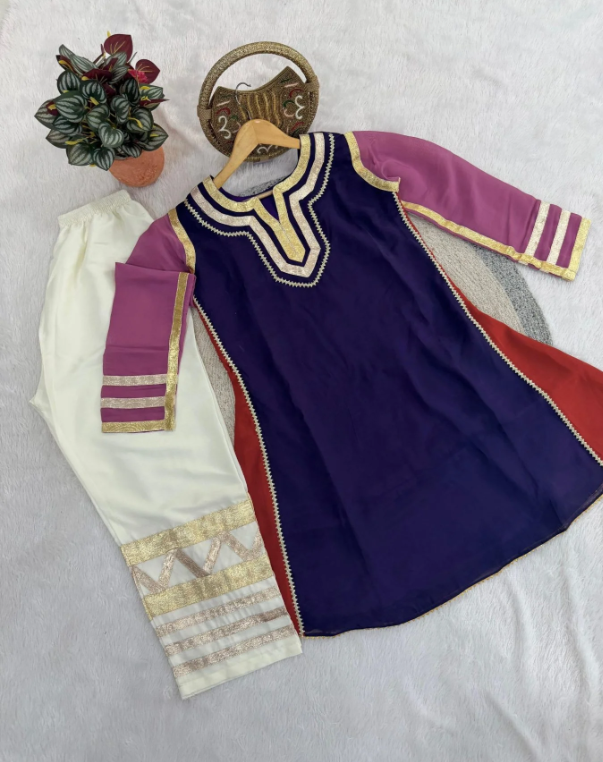 Wine Chanderi Co Ord Kurti Set with Gopatti Lace Work_100