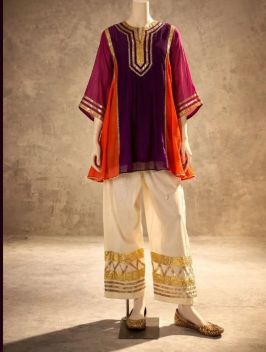 Wine Chanderi Co Ord Kurti Set with Gopatti Lace Work_100