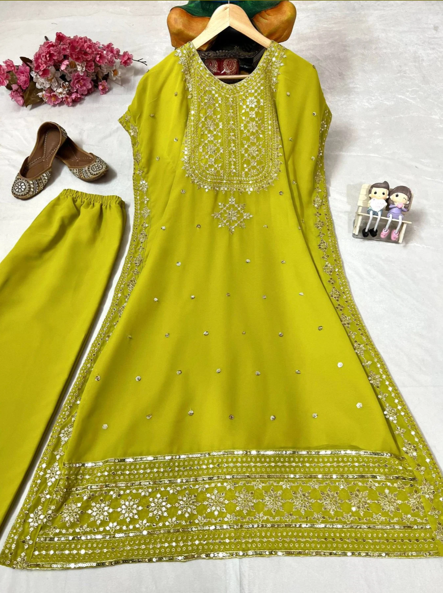 Green Georgette Kaftan Pant Set with Sequins and Zari Work_102