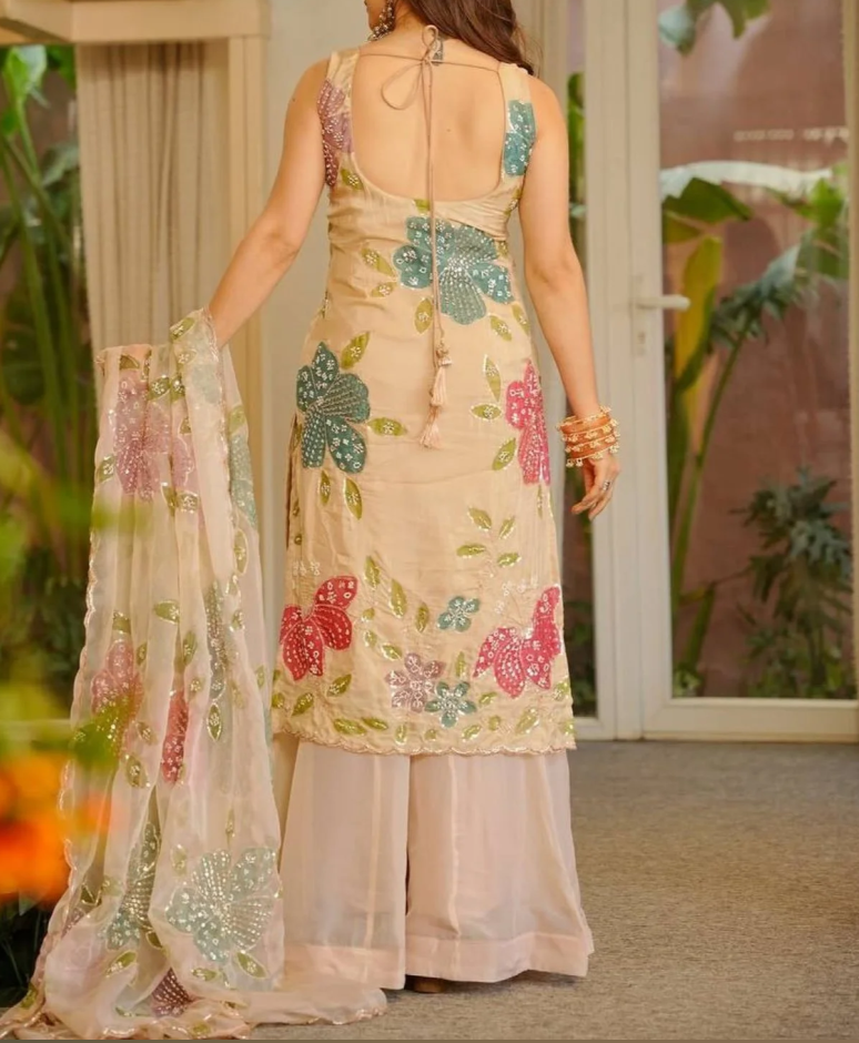 Organza Silk Cream Kurti Palazzo Set with Sequins Work _103