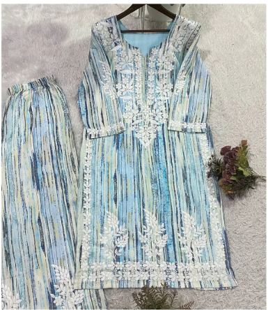 Blue Embroidered Chikankari Palazzo Set_104