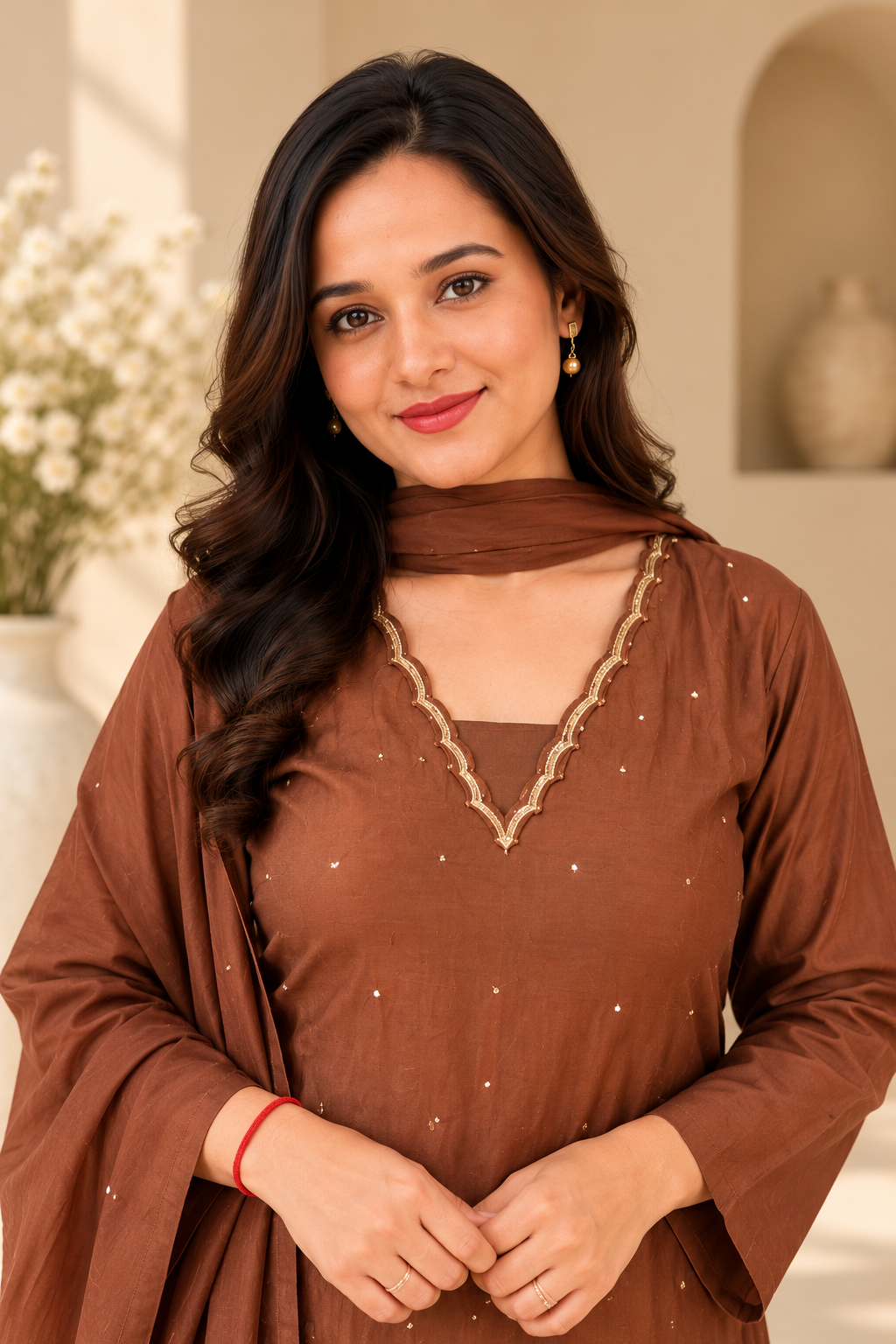 Brown Crepe Suit Set with Unique Tassel Detailing_180