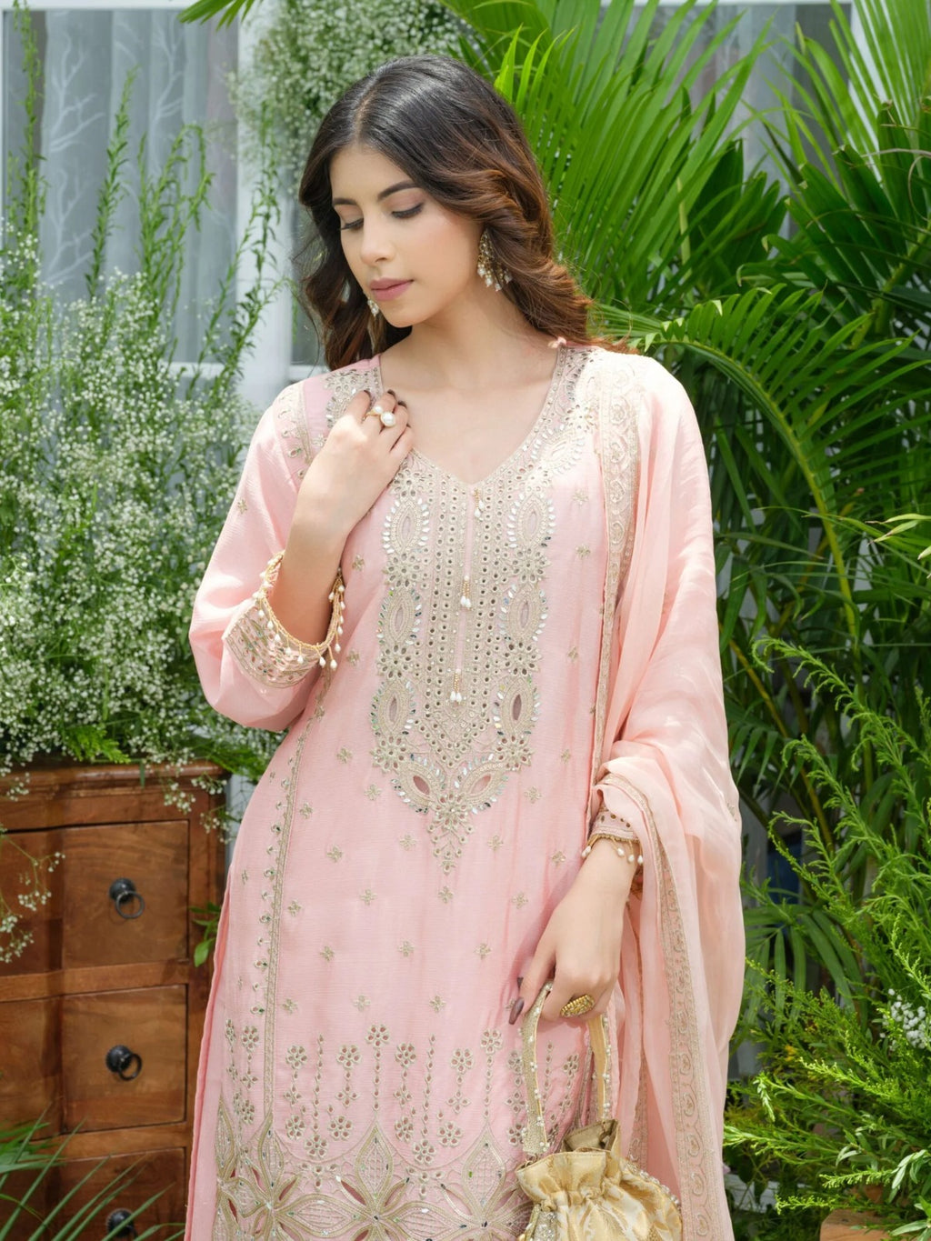 Pink Pure Chinon Partywear Divider Suit Set with Mirror & Zari Embroidery_059