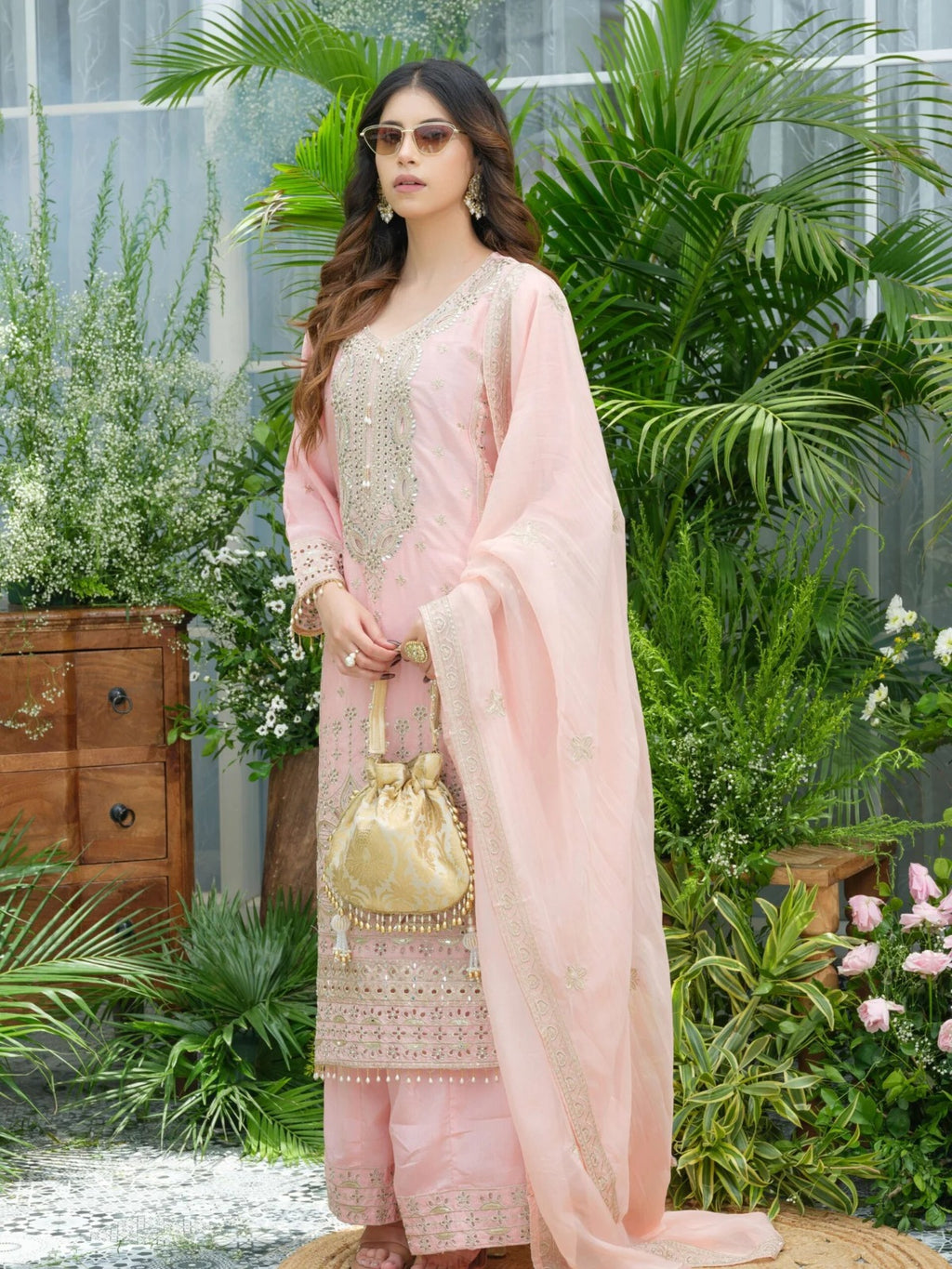 Pink Pure Chinon Partywear Divider Suit Set with Mirror & Zari Embroidery_059