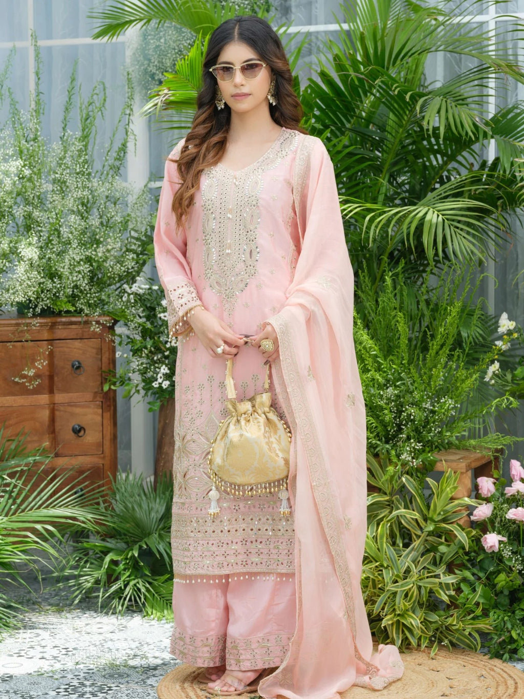 Pink Pure Chinon Partywear Divider Suit Set with Mirror & Zari Embroidery_059