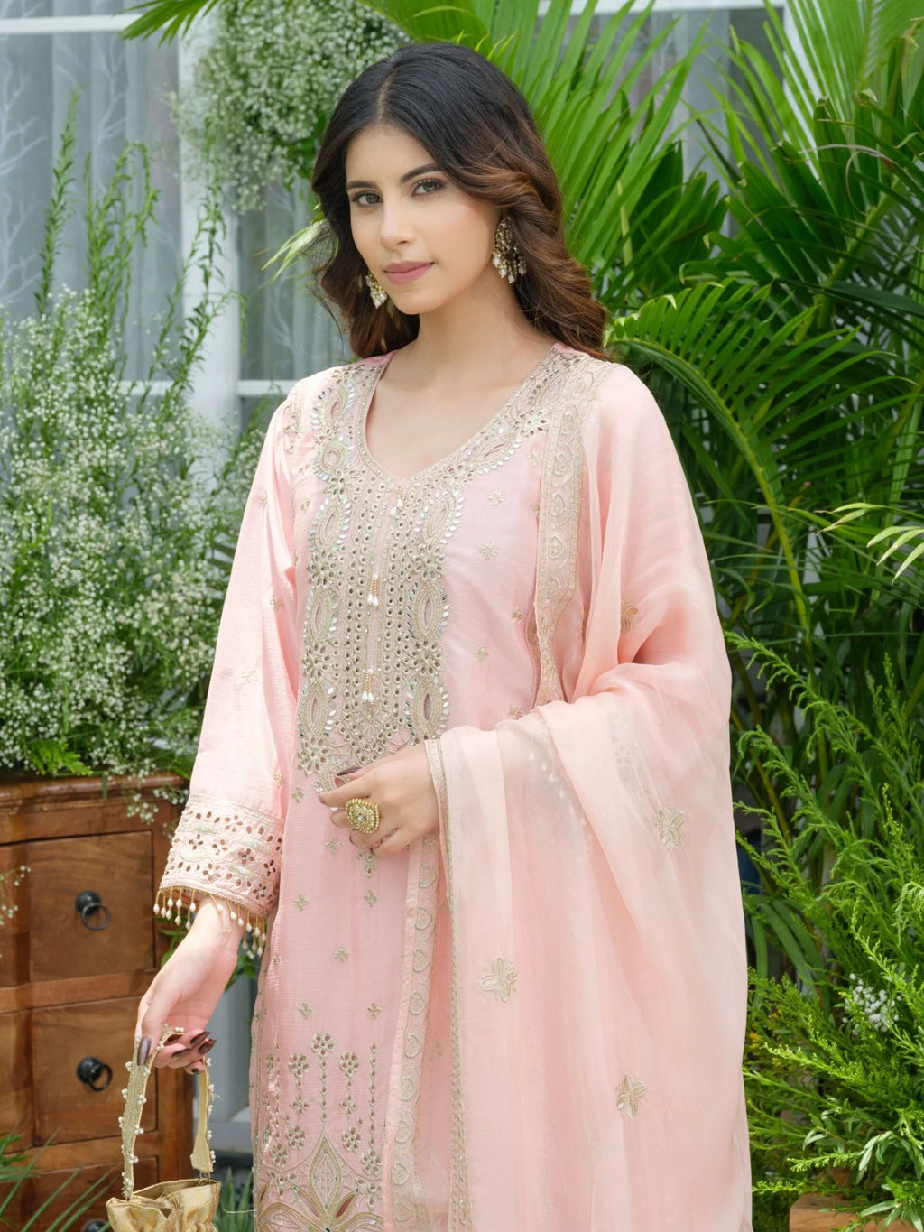 Pink Pure Chinon Partywear Divider Suit Set with Mirror & Zari Embroidery_059