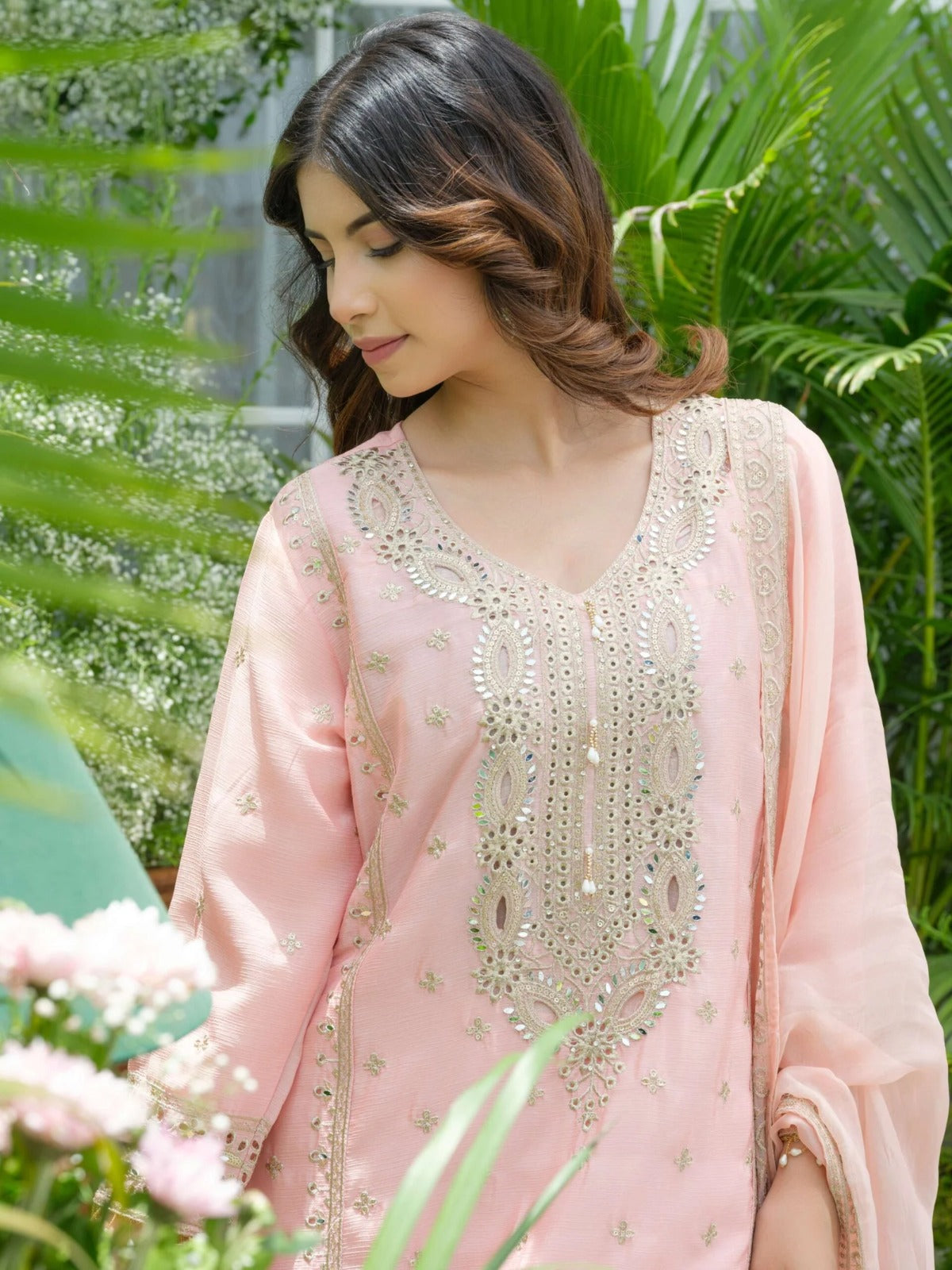 Pink Pure Chinon Partywear Divider Suit Set with Mirror & Zari Embroidery_059