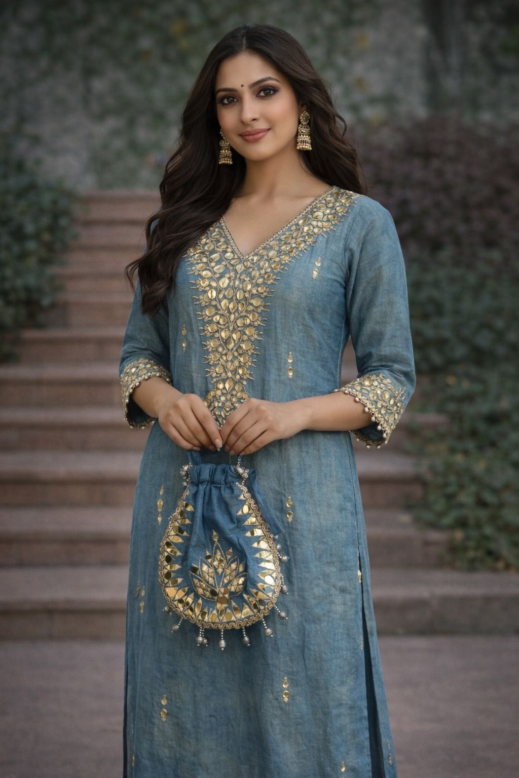 Kareena Kapoor Blue Embroidered Kurta Set with real mirror work and potli _075