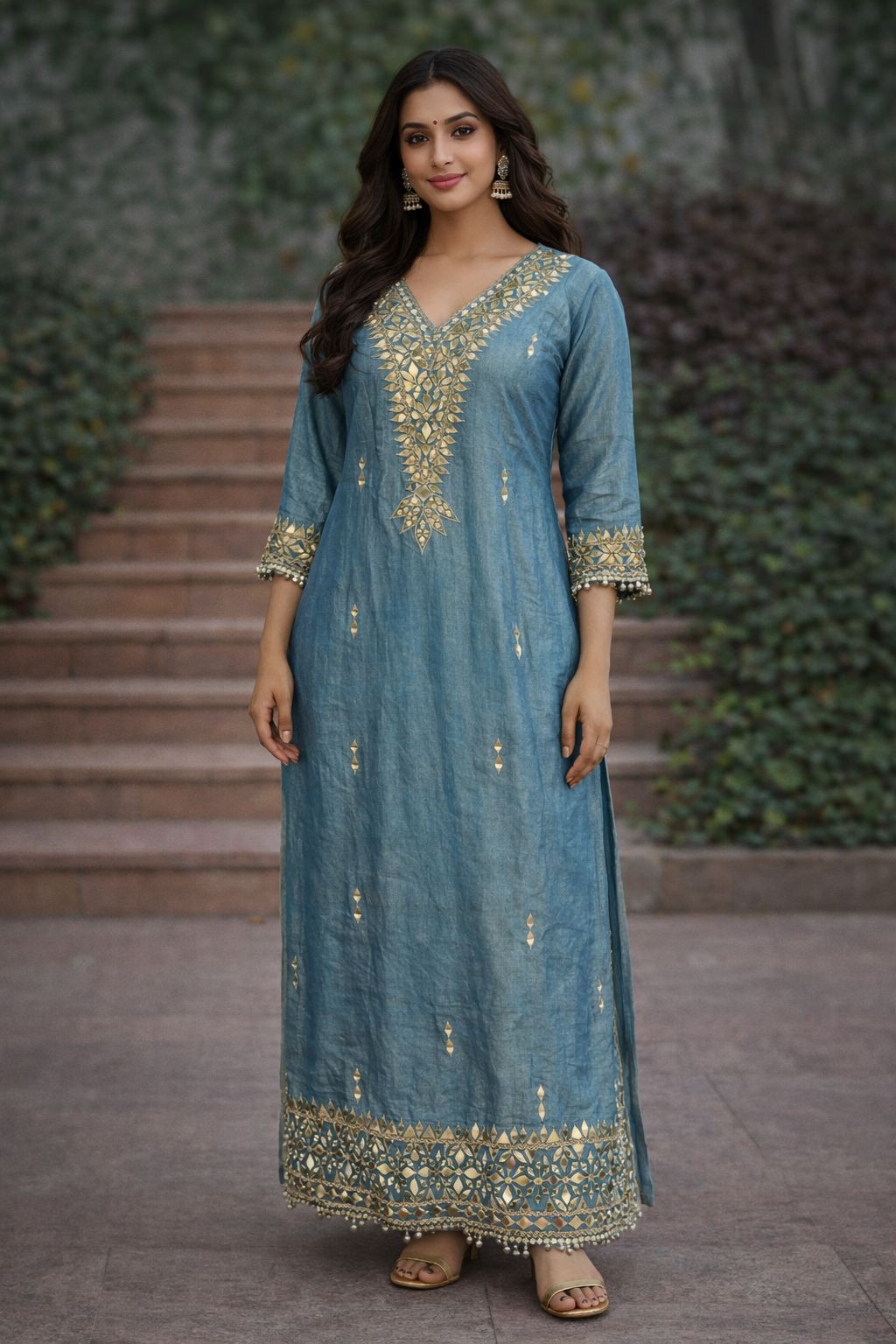 Kareena Kapoor Blue Embroidered Kurta Set with real mirror work and potli _075