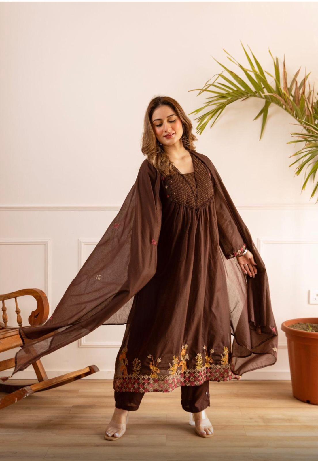 Coffee brown mulchanderi suit set_094