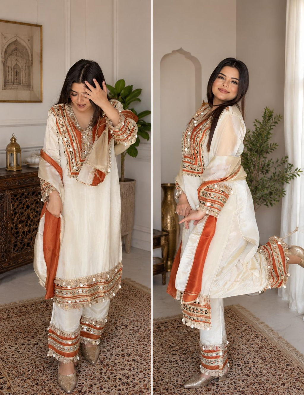 Stunning Rust Ivory Premium Pure Tissue Shell Boho Heavy Suit_108