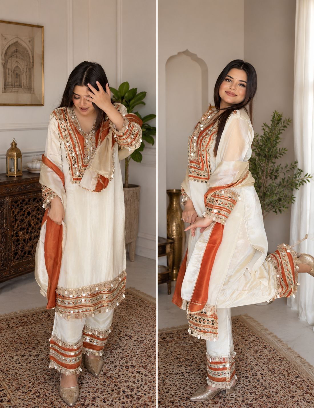Stunning Rust Ivory Premium Pure Tissue Shell Boho Heavy Suit_108