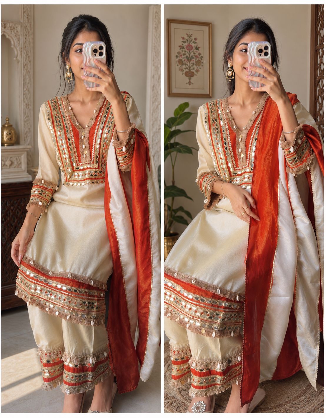 Stunning Rust Ivory Premium Pure Tissue Shell Boho Heavy Suit_108