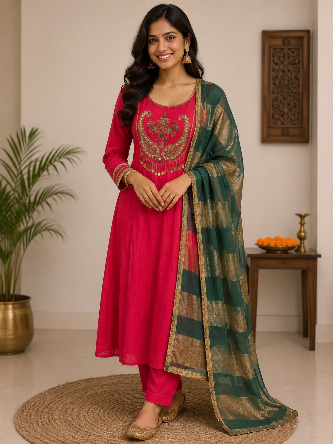 Red and Emerald Green Mulhanderi Zardozi Embroidered 3PC suit_122
