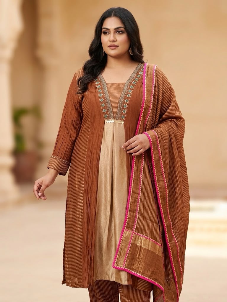 Brown Plus size Mulchanderi Silk Tissue Embroidered Suit_152