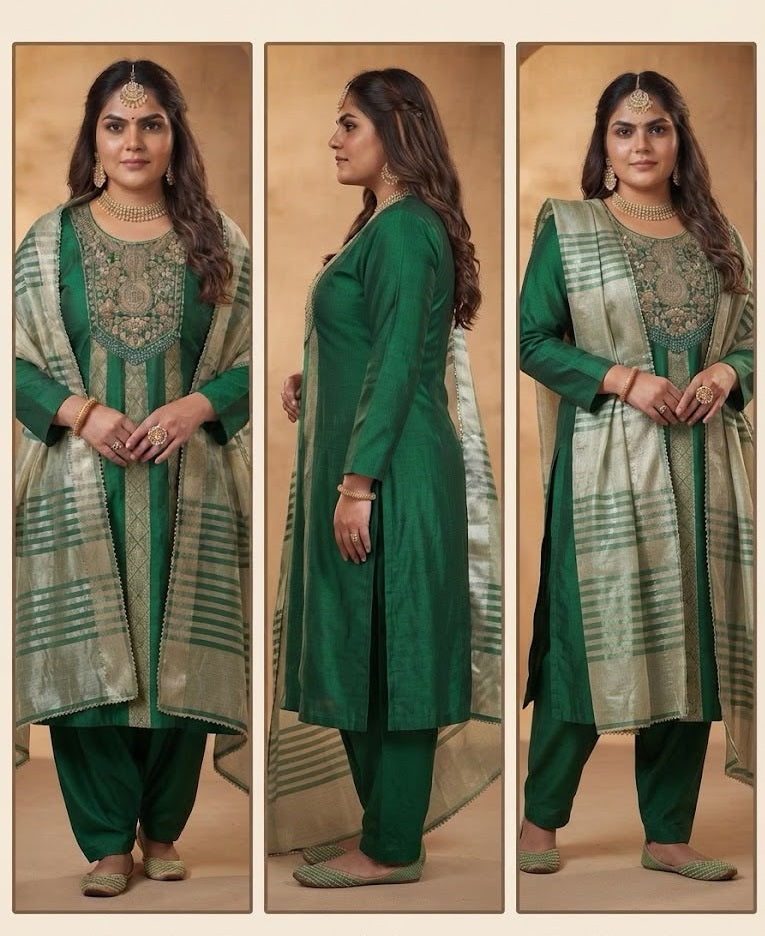 Emerald Green Plus size Mulchanderi Silk Tissue Embroidered Suit_151
