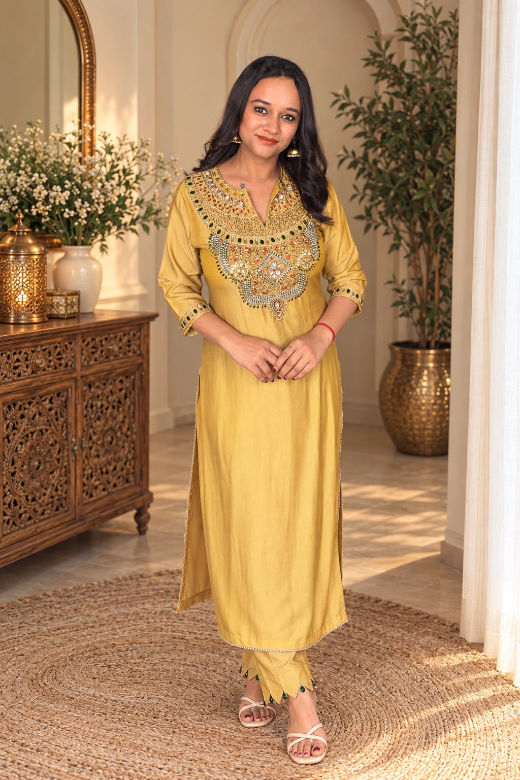 Yellow Pheran Set with heavy embroidery _169