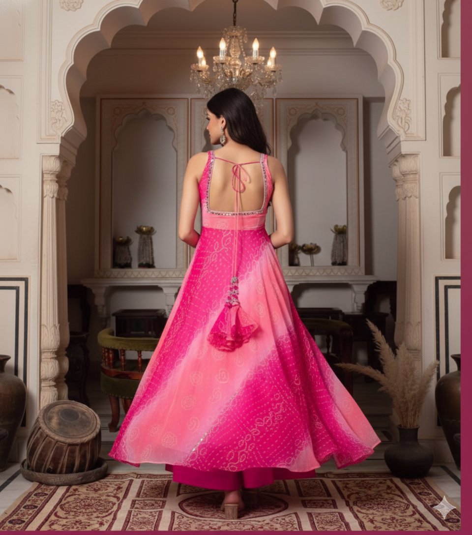 Pink Gown Set with Real Mirror Handwork & 4.5m Flair_044