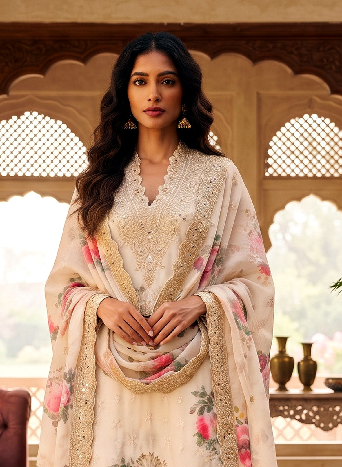 White and Pink Pure Crepe Embroidered 3PC Set_123