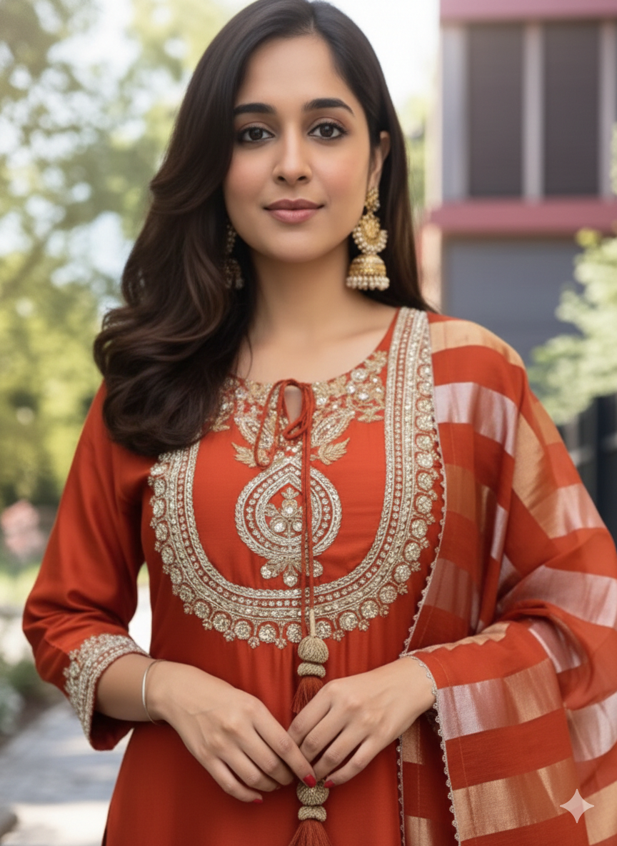 Orange Chanderi Suit with Silk Dupatta and Embroidery Work_038