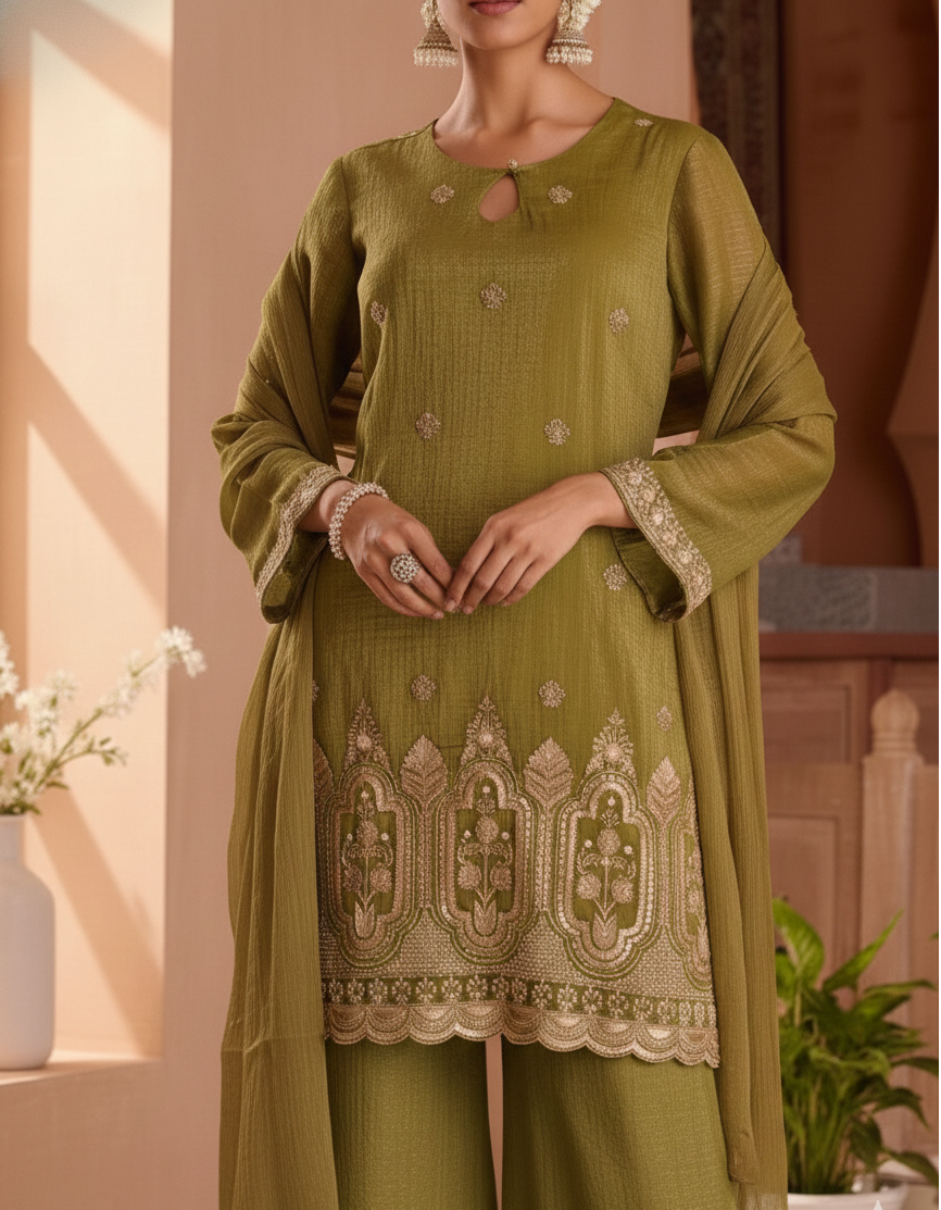 Olive Green Tissue Crush Divider Suit Set with Short Kurta & Heavy Beadwork_066