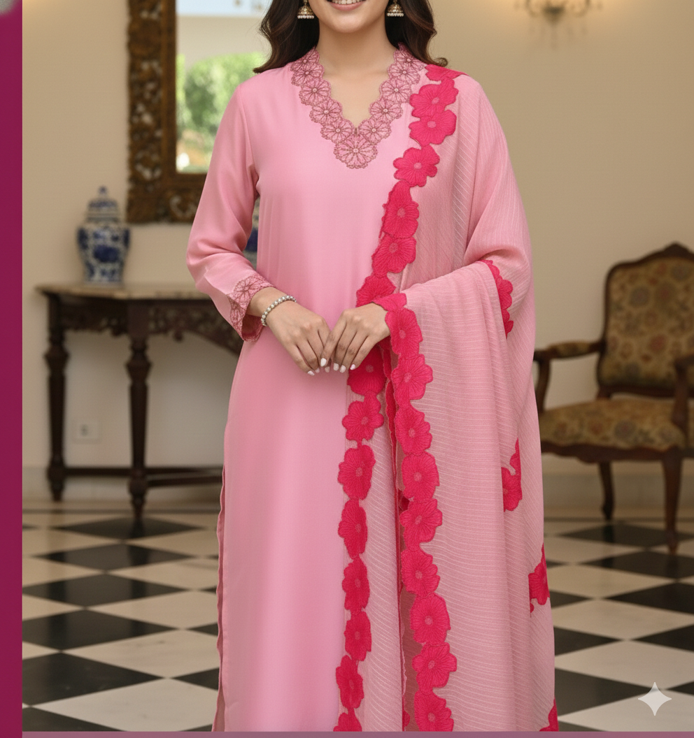 Pink Chanderi Embroidered Kurta Set with Chinon Dupatta_046