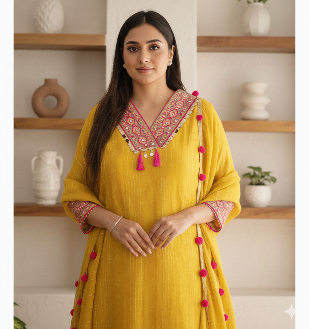 Yellow POM POM Tissue Shimmer Suit Set with Mirror & Zari Work_052