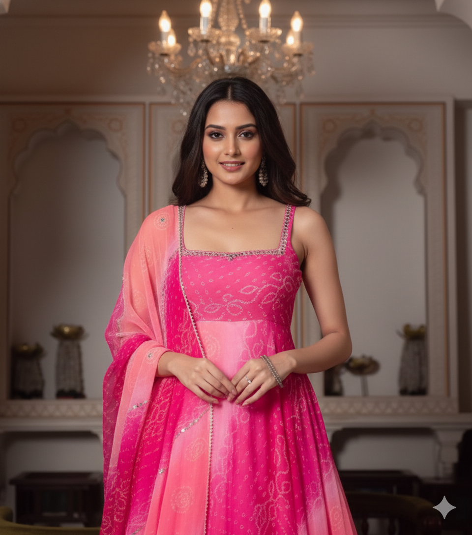 Pink Gown Set with Real Mirror Handwork & 4.5m Flair_044