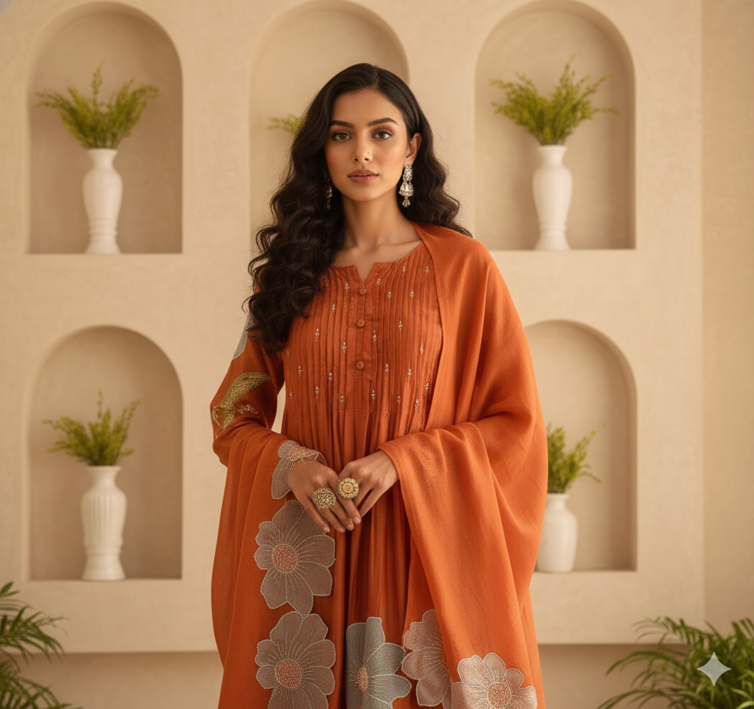 Orange (Rust) Mul Chanderi suit with Zari Work_061